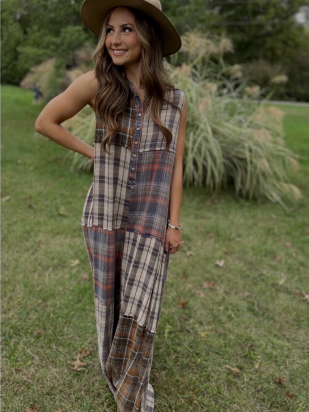 Sleeveless Plaid Patchwork Jumpsuit in Brown Plaid